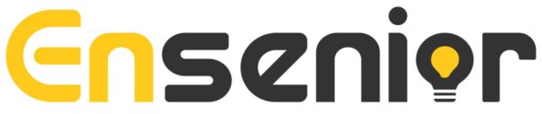 Ensenior logo with yellow and dark gray lettering and a lightbulb inside the 'o', tagline ‘Brighten Your Life’ beneath.