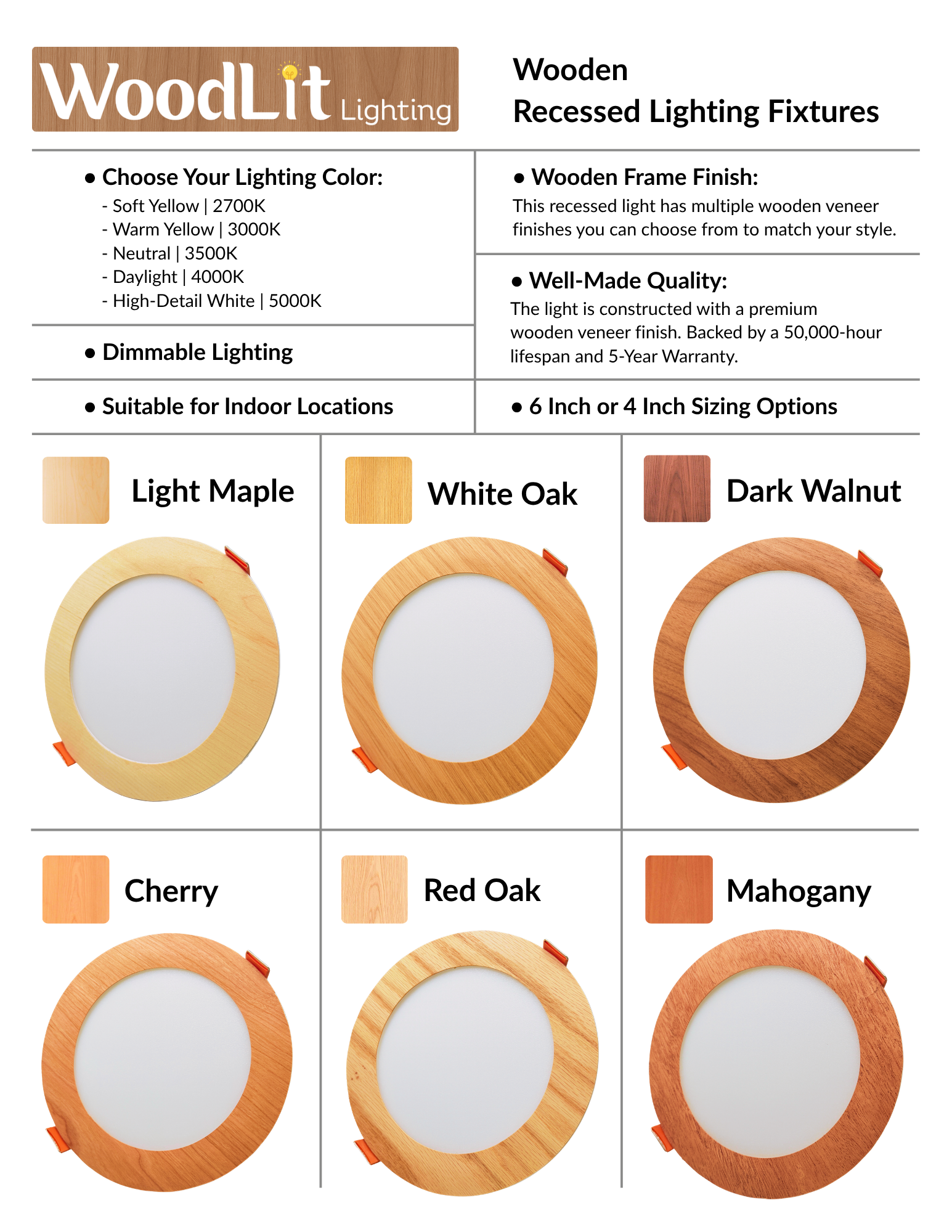 WoodLit Lighting product grid for wooden recessed fixtures with finish options and sample color swatches (Light Maple, White Oak, Dark Walnut).