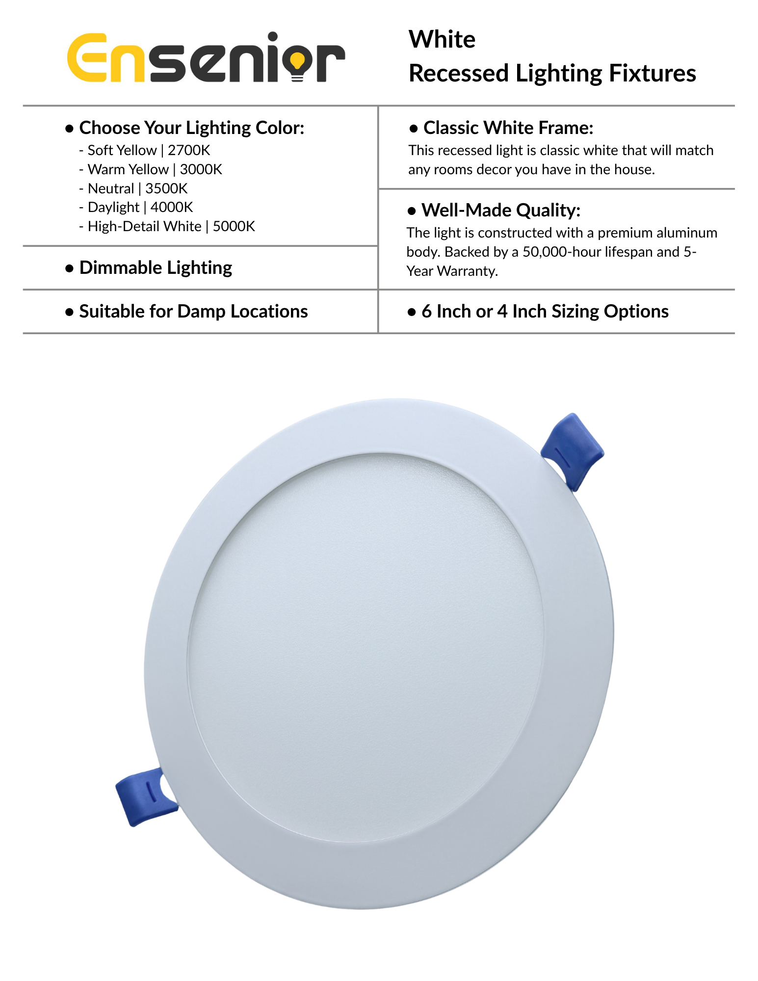 Ensenior logo with 'White Recessed Lighting Fixtures' heading and bulleted product specs (color options, dimmable lighting, damp-location suitability, 6 or 4 inch sizing).