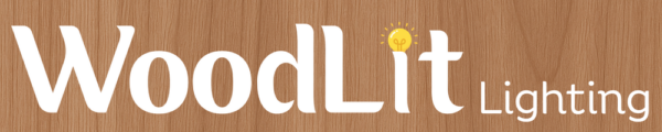 WoodLit Lighting logo on wood grain background, with a glowing lightbulb over the letter 'i'.