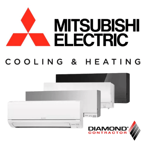 Mitsubishi Electric Cooling & Heating logo above a row of white wall-mounted air conditioners; Diamond Contractor logo in the bottom right.